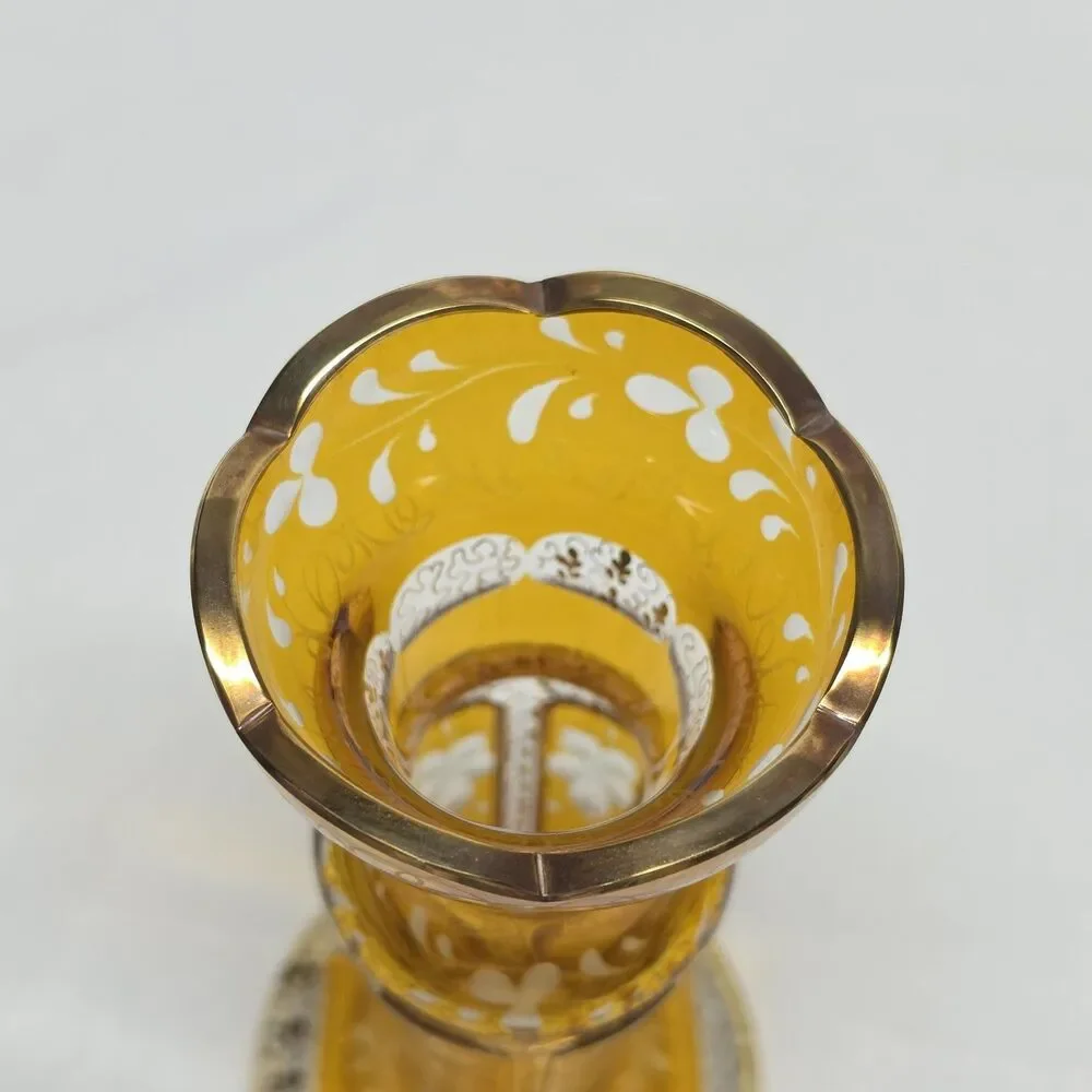 Vintage Old Bohemian Etched Crystal Honey Amber Czech Vase 8”